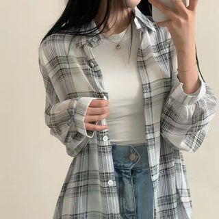 Long Sleeve Gingham Chiffon Shirt