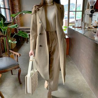 Double-breasted Herringbone Coat Beige - One Size