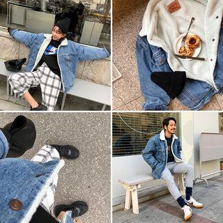 Couple Fleece-lined Denim Trucker Jacket Blue - One Size