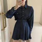 Long-sleeve Denim Shirt / High-waist Pleated Denim Skirt