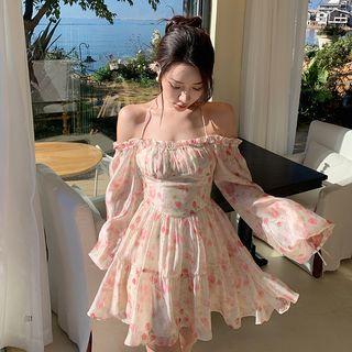 Long-sleeve Cold-shoulder Floral Chiffon Mini A-line Dress