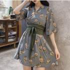 Floral Print V-neck Short Sleeve A-line Dress