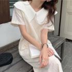 Short-sleeve Wide-collar Eyelet Lace Midi Shift Dress Almond - One Size