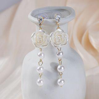 Rose Faux Pearl Alloy Dangle Earring 1 Pair - E5556 - Gold - One Size