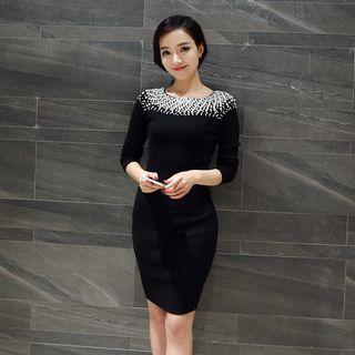 Elbow-sleeve Mock-neck Embellished Plain Slim Dress