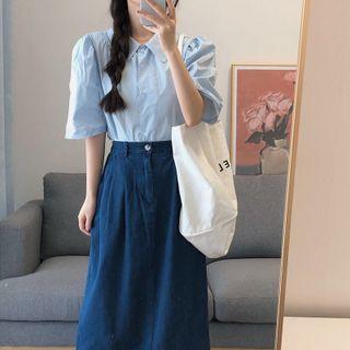 Short-sleeve Shirt / Midi A-line Denim Skirt / Set