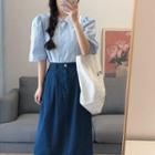 Short-sleeve Shirt / Midi A-line Denim Skirt / Set