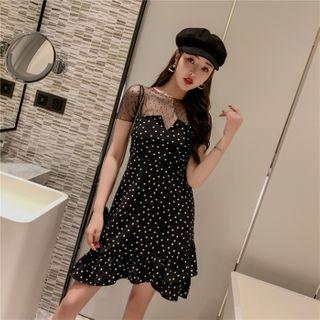 Set: Short-sleeve Dotted Mesh Top + Spaghetti Strap Dotted Pinafore Dress