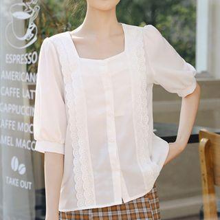 Elbow-sleeve Lace Trim Square-neck Blouse