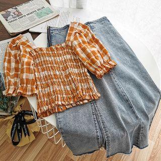 Set: Plaid Square-neck Blouse + Denim Midi Skirt