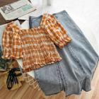 Set: Plaid Square-neck Blouse + Denim Midi Skirt