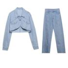 Cropped Washed Denim Jacket / Loose Fit Jeans