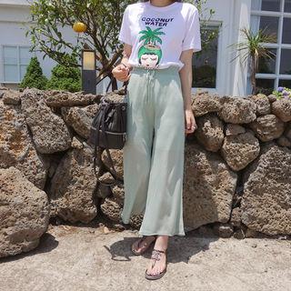 Band-waist Wide-leg Knit Pants Mint Green - One Size