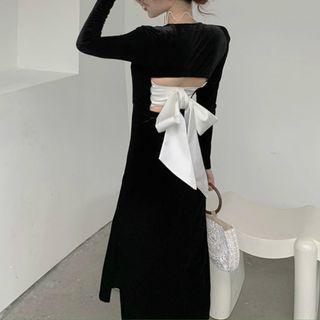Square-neck Back Open-back Long-sleeve Dress