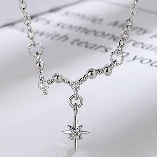 Rhinestone Star Pendant Necklace Set - Silver - One Size