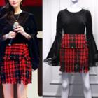 Bell-sleeve Top/plaid Fray-hem Skirt