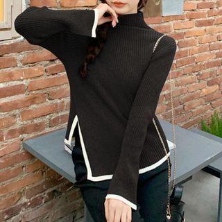 Semi High-neck Plain Knit Side-split Top