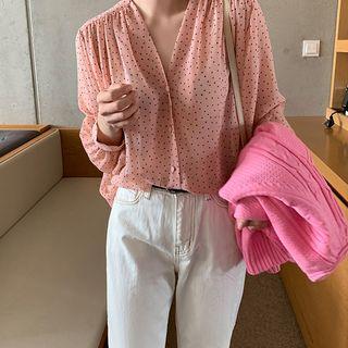 Long-sleeve Dotted Blouse Pink - One Size