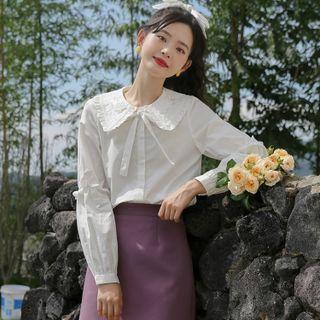Embroidered Collar Ruffle Trim Blouse White - One Size