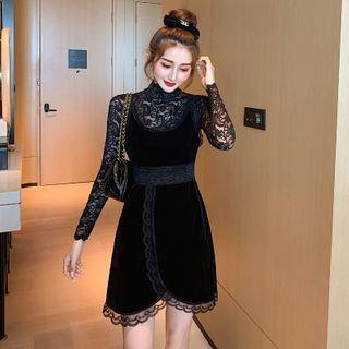 Set: Long-sleeve Lace Top + Spaghetti Strap Velvet Dress