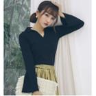 Bell-sleeve Collared V-neck Knit Top