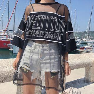 Letter Mesh Panel Elbow-sleeve Top