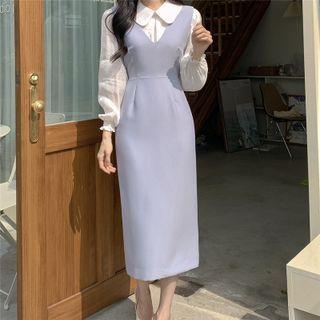 Collared Blouse / V-neck Maxi Sheath Overall Dress