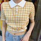 Short-sleeve Plaid Knit Top Plaid - Yellow - One Size