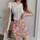 Short-sleeve Top / Floral Print Mini A-line Skirt