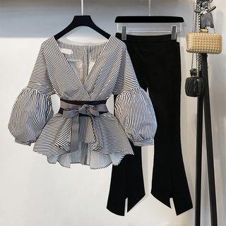 Set: V-neck Lantern-sleeve Blouse + High Waist Boot-cut Pants