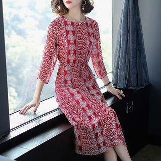 Print 3/4-sleeve Chiffon Dress With Sash