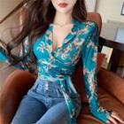 Long-sleeve All-over Print Wrap Top Blue - One Size