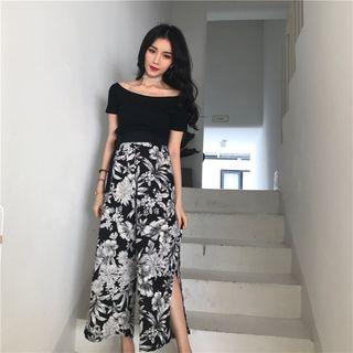 Set: Off-shoulder Top + Floral Wide-leg Pants