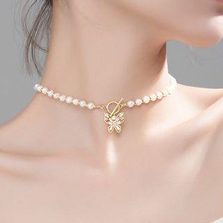 925 Sterling Silver Faux Pearl Butterfly Pendant Choker