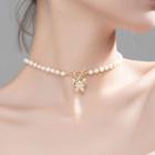 925 Sterling Silver Faux Pearl Butterfly Pendant Choker