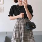 Plain Lantern-sleeve T-shirt / Plaid Elastic Waist Mini Skirt