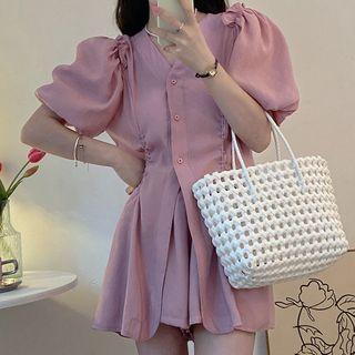 Puff-sleeve V-neck Plain Shirt / Shorts