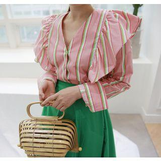 V-neck Ruffled Stripe Blouse