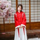 Set: Traditional Chinese Fish Embroidered Frog Button Jacket + Midi A-line Skirt