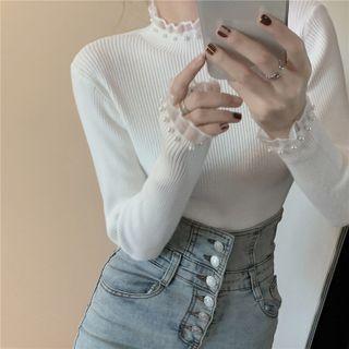 Long-sleeve Mock-neck Beaded Frill Trim Knit Top