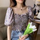 Puff-sleeve Floral Smocked Top