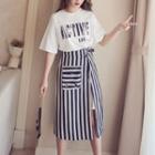 Set: Elbow-sleeve Letter T-shirt Dress + Striped Midi Skirt