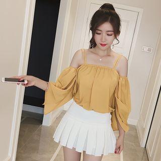 Plain Cut Out Shoulder 3/4 Sleeve Chiffon Top