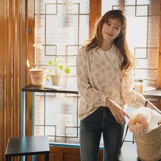 Lace-collar Floral Print Corduroy Blouse