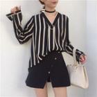 Striped V-neck Blouse / Asymmetrical A-line Skirt