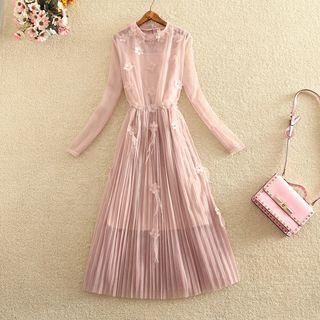 Set: Flower Applique Long-sleeve A-line Midi Dress + Strappy Dress