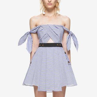 Off-shoulder Stripe Pleated A-line Dress