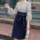 Set: Striped One-shoulder Blouse + High-waist Pencil Skirt