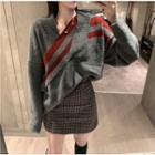 Striped Panel Sweater / Plaid Mini Skirt