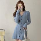 Long-sleeve Knit Mini A-line Dress Grayish Blue - One Size